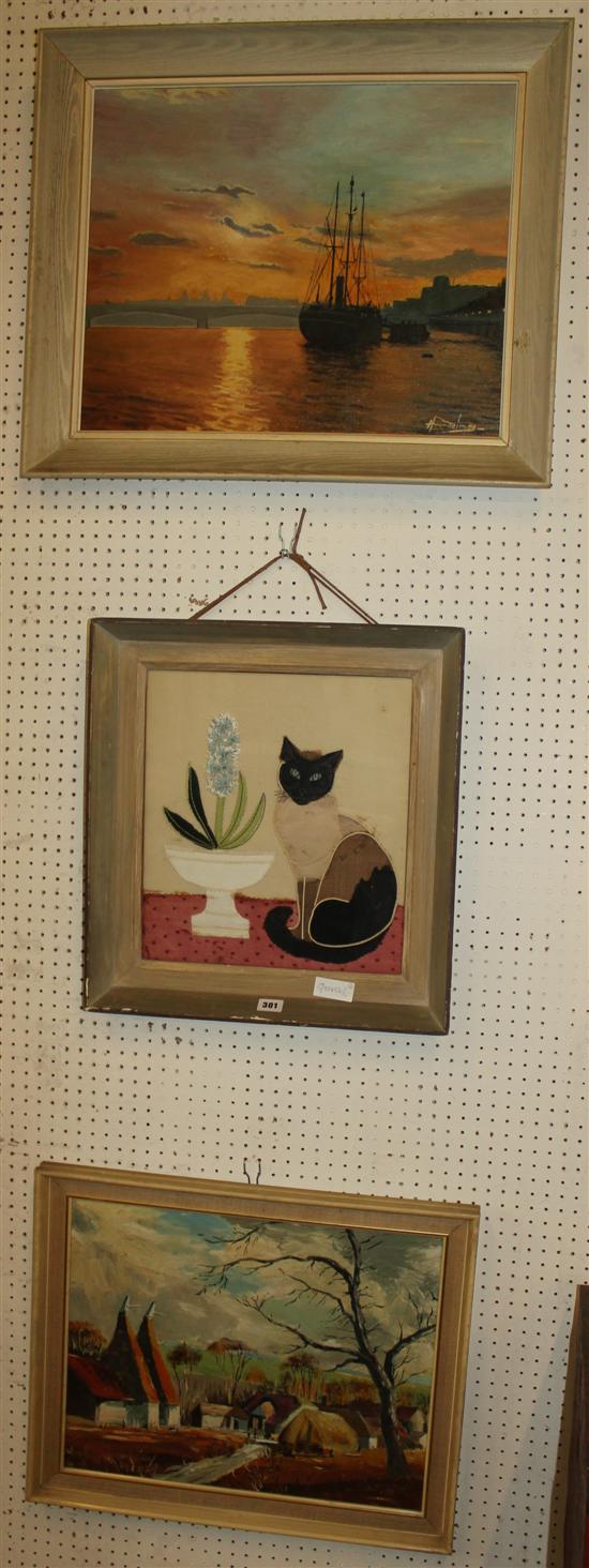 Applique of a cat, landscape & seascape